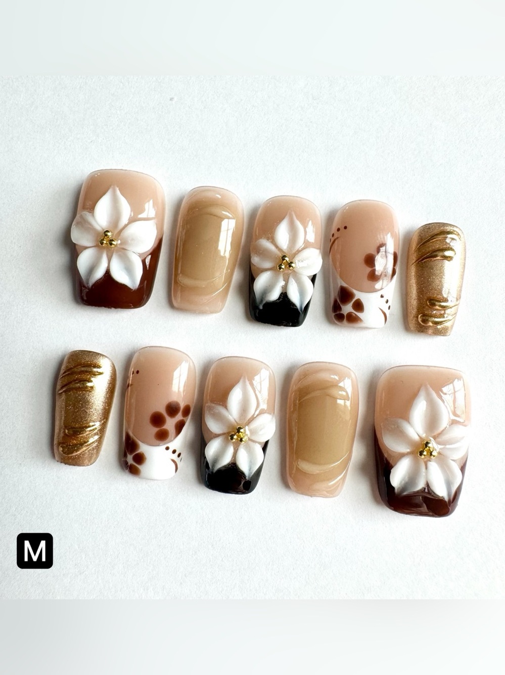 Warm 3D Floral Autumn Brown & Gold Press-On Nails